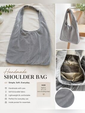 Handmade Gray Corduroy Shoulder Bag with Interior Pocket